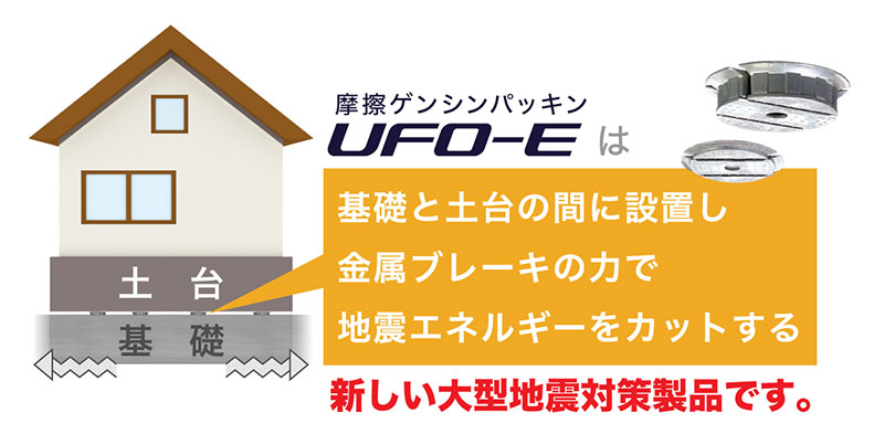 UFO-Eは基礎と土台の間に設置し、金属ブレーキの力で地震エネルギーをカットする新しい大型地震対策製品です。